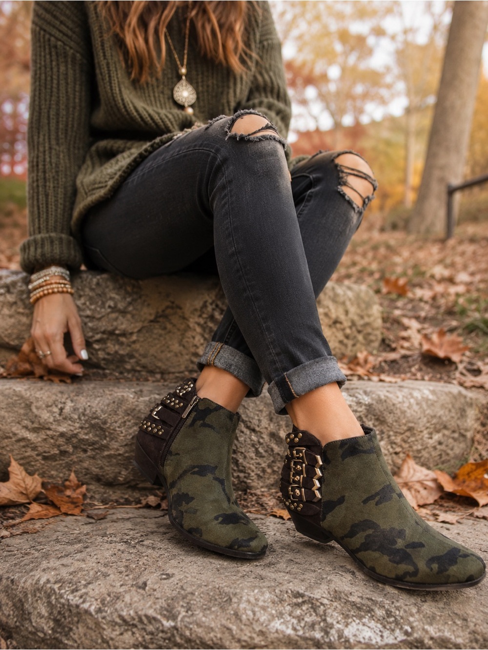 Sam Edelman Camouflage Buckle Suede Ankle Boots - Olive Green Size 8.5 EUC
